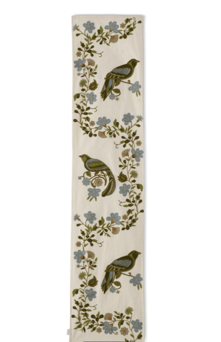 72 Inch Blue Green Floral & Bird Embroidered Table Runner - K&K Interiors - Gaines Jewelers
