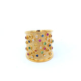 14kt yellow gold multi-color saph=0.68ct and diam=0.09ct wide band ring