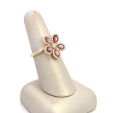 Floral design ring with pear-shaped pink slate with diamond halos by Sophia