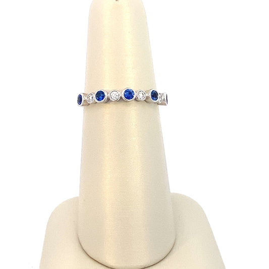 Ring 5 sapphires and 4 diamonds bezels anniversary band 14kt white gold