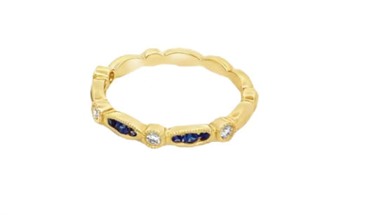 Ring 9 sapphires 3 diamonds coin edge 14kt yellow gold