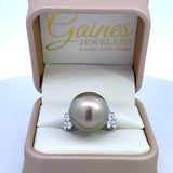 Tahitian pearl ring with diamond sides, 18kt white gold by Mastoloni