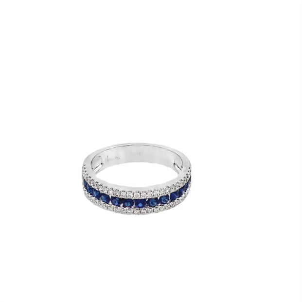 Ring 14 sapphires and 52 diamonds 3-row 18kt white gold