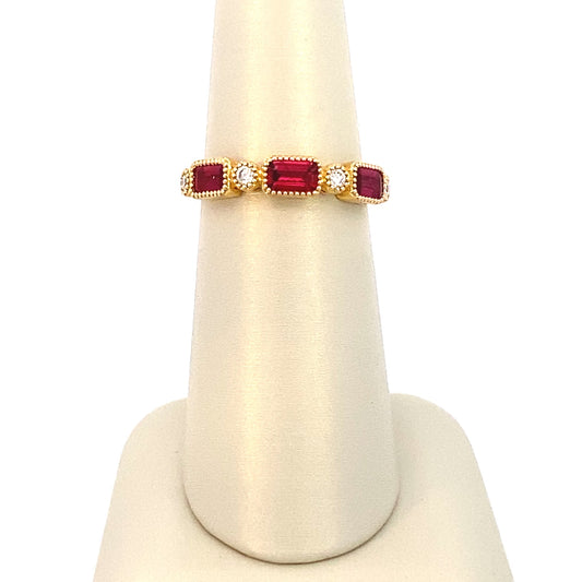 Ring 3 rubies and 4 diamonds coin edge bezels 18kt yellow gold