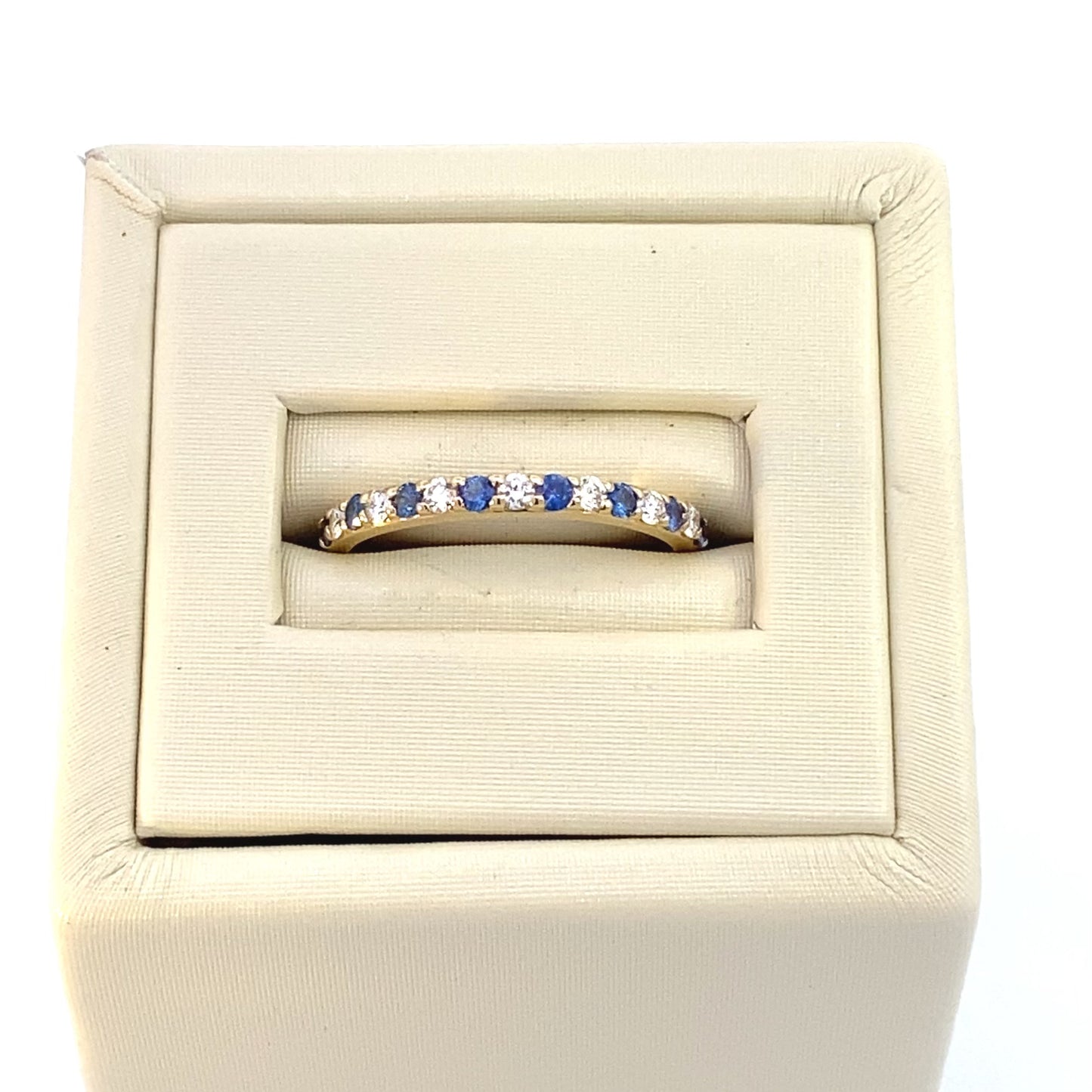 Ring sapphire and diamond halfway band yellow gold