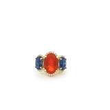 Fire Opal Center and Kyanite Sides Accented with Diamonds Three Stone Ring 14K Yellow Gold - Raymond Mazza