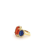 Fire Opal Center and Kyanite Sides Accented with Diamonds Three Stone Ring 14K Yellow Gold - Raymond Mazza