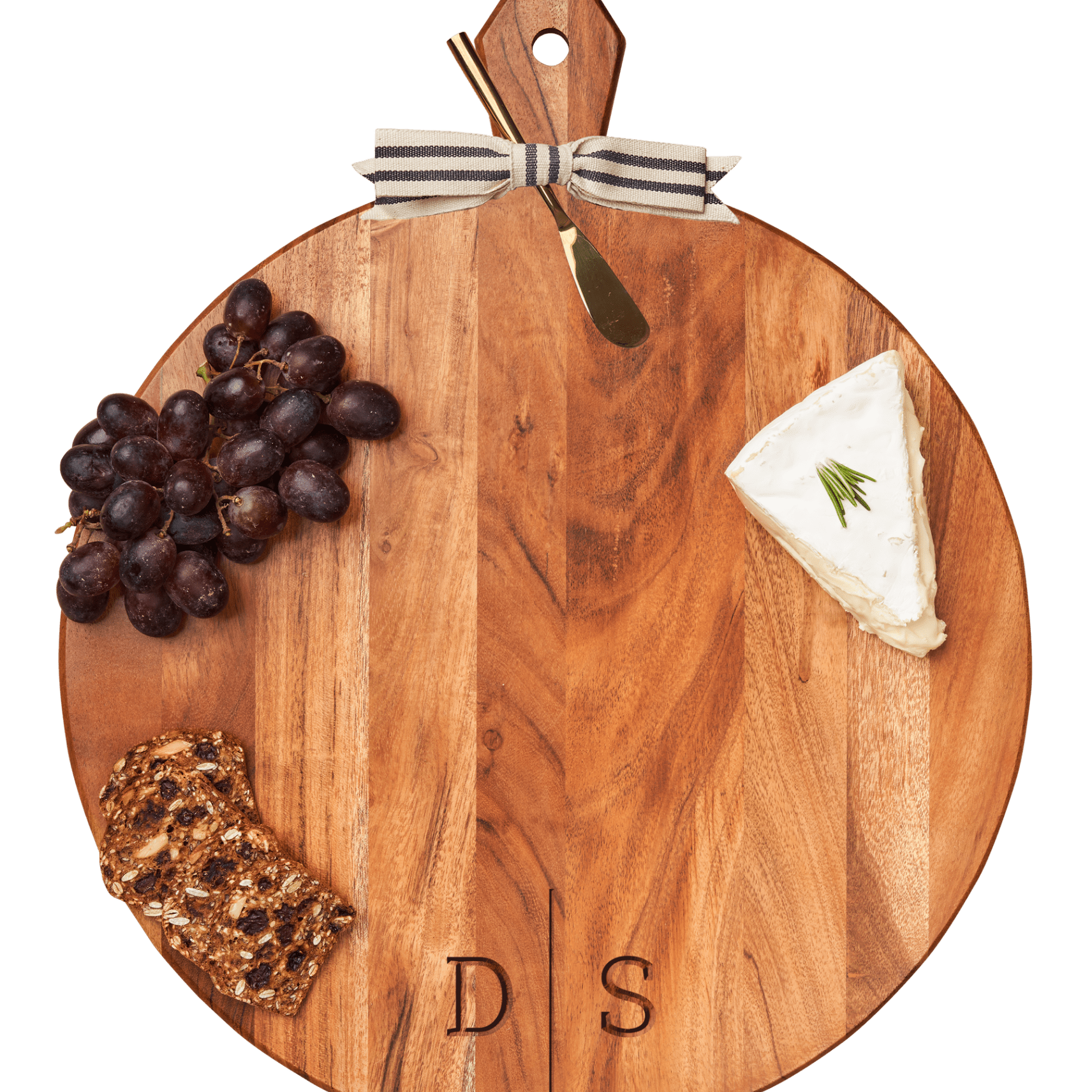 Acacia Heirloom Board with Handle Round with Gold Spreader and Ribbon | 20 x 16" - Maple Leaf - Gaines Jewelers