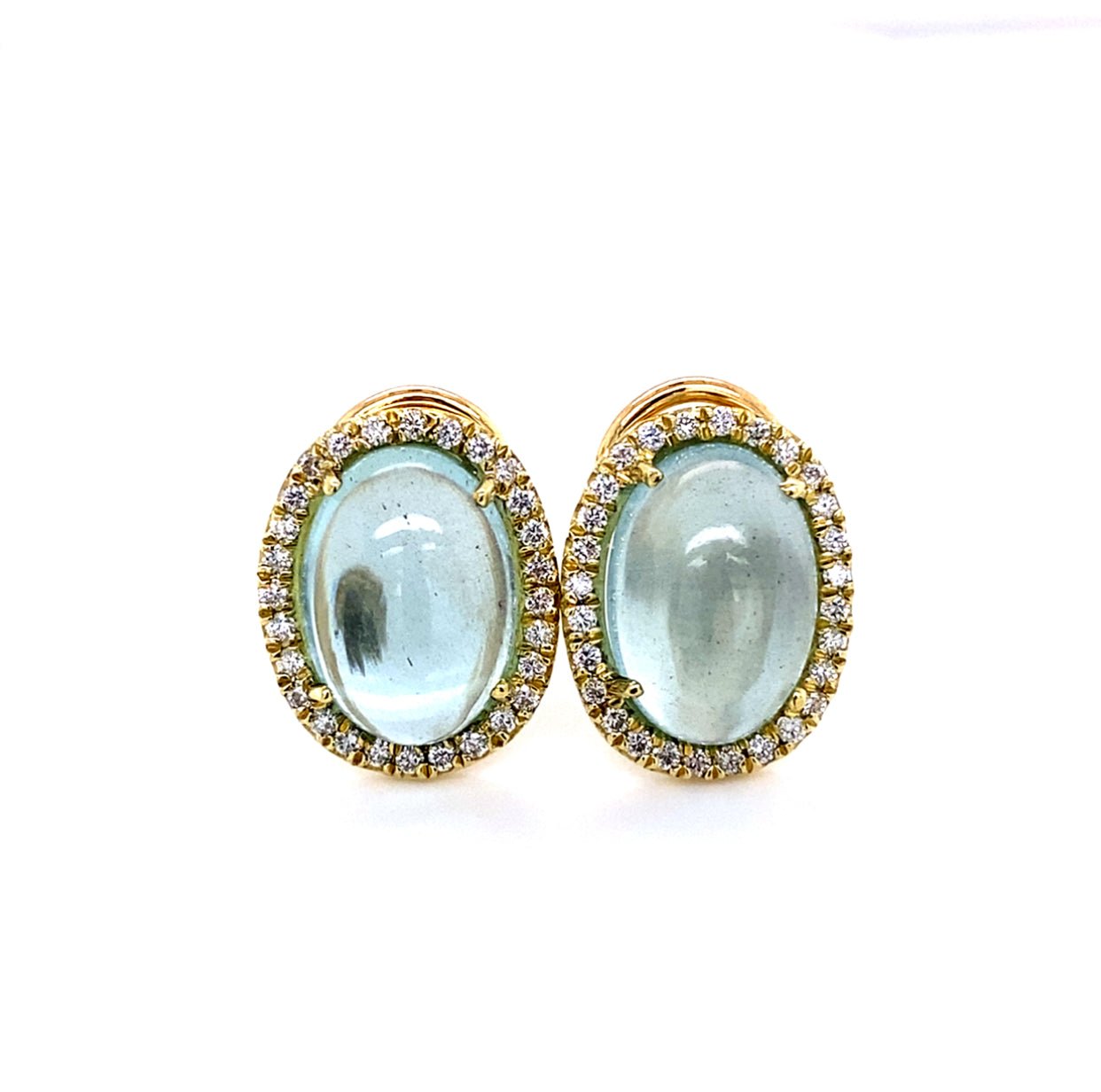 Aqua Cabochon and Sparkling Diamond Stud earrings 14k Gold - Raymond Mazza - Gaines Jewelers