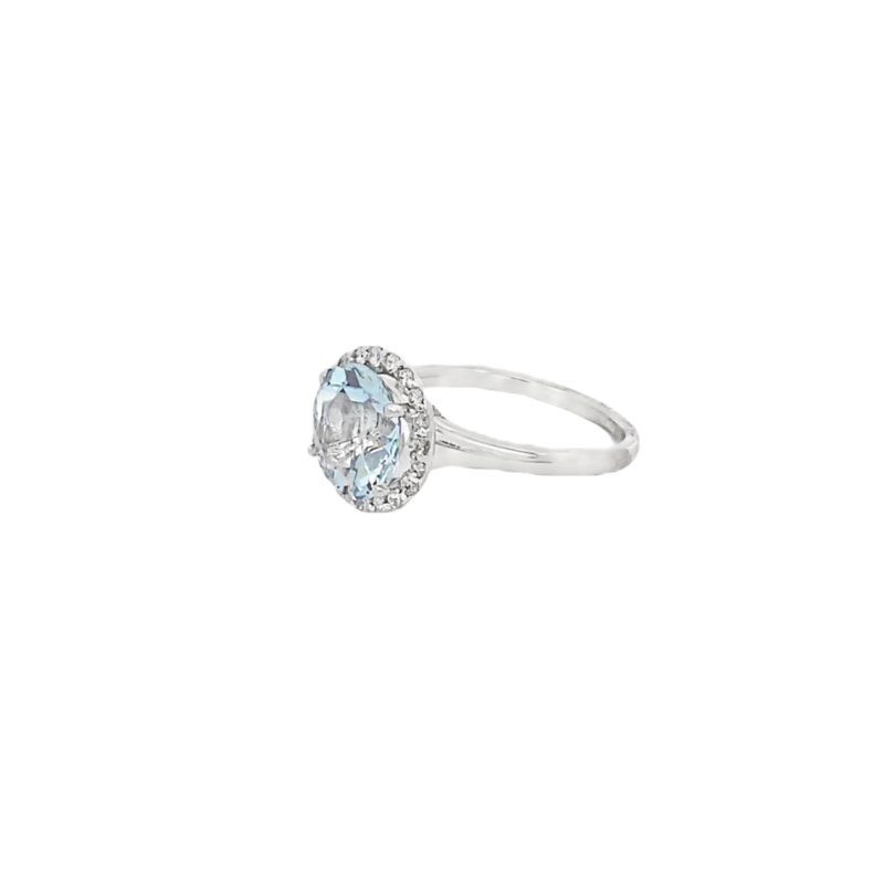 Aquamarine ring with 10mm round aqua stone with diamond halo 14kt white gold - Gaines Jewelers