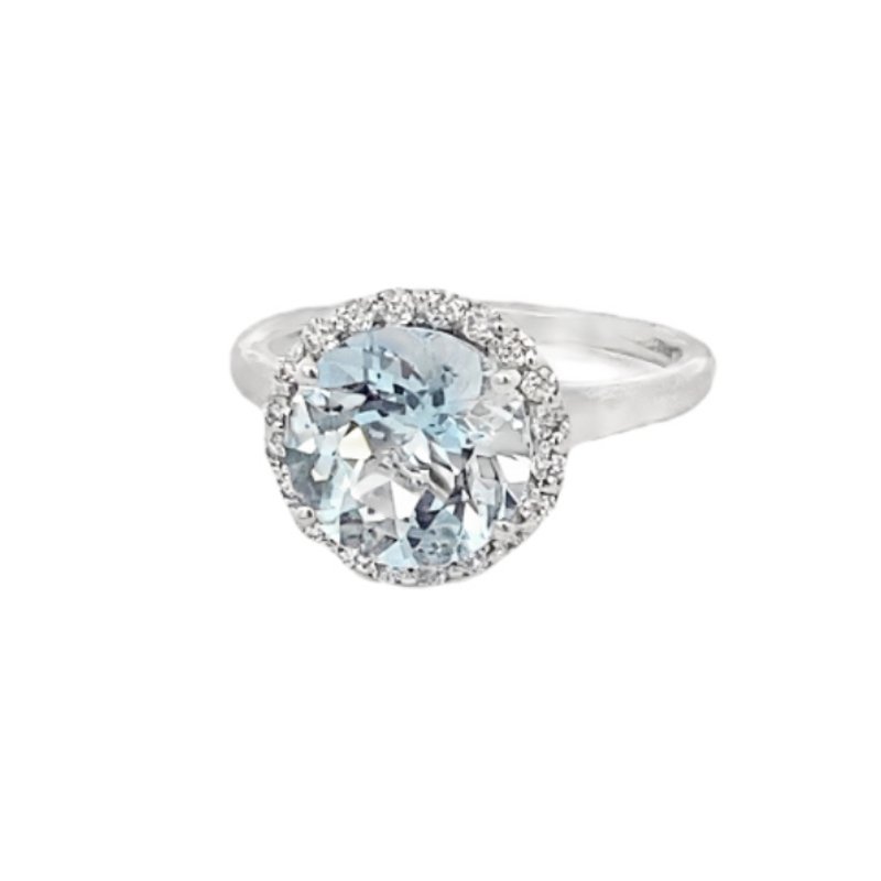 Aquamarine ring with 10mm round aqua stone with diamond halo 14kt white gold - Gaines Jewelers