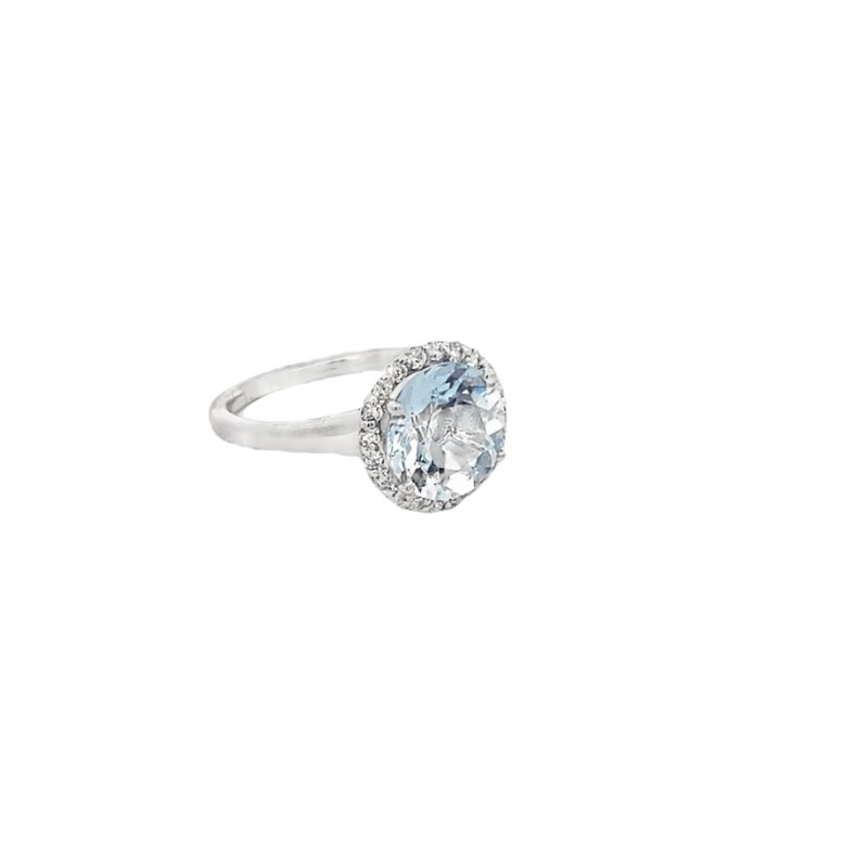 Aquamarine ring with 10mm round aqua stone with diamond halo 14kt white gold - Gaines Jewelers