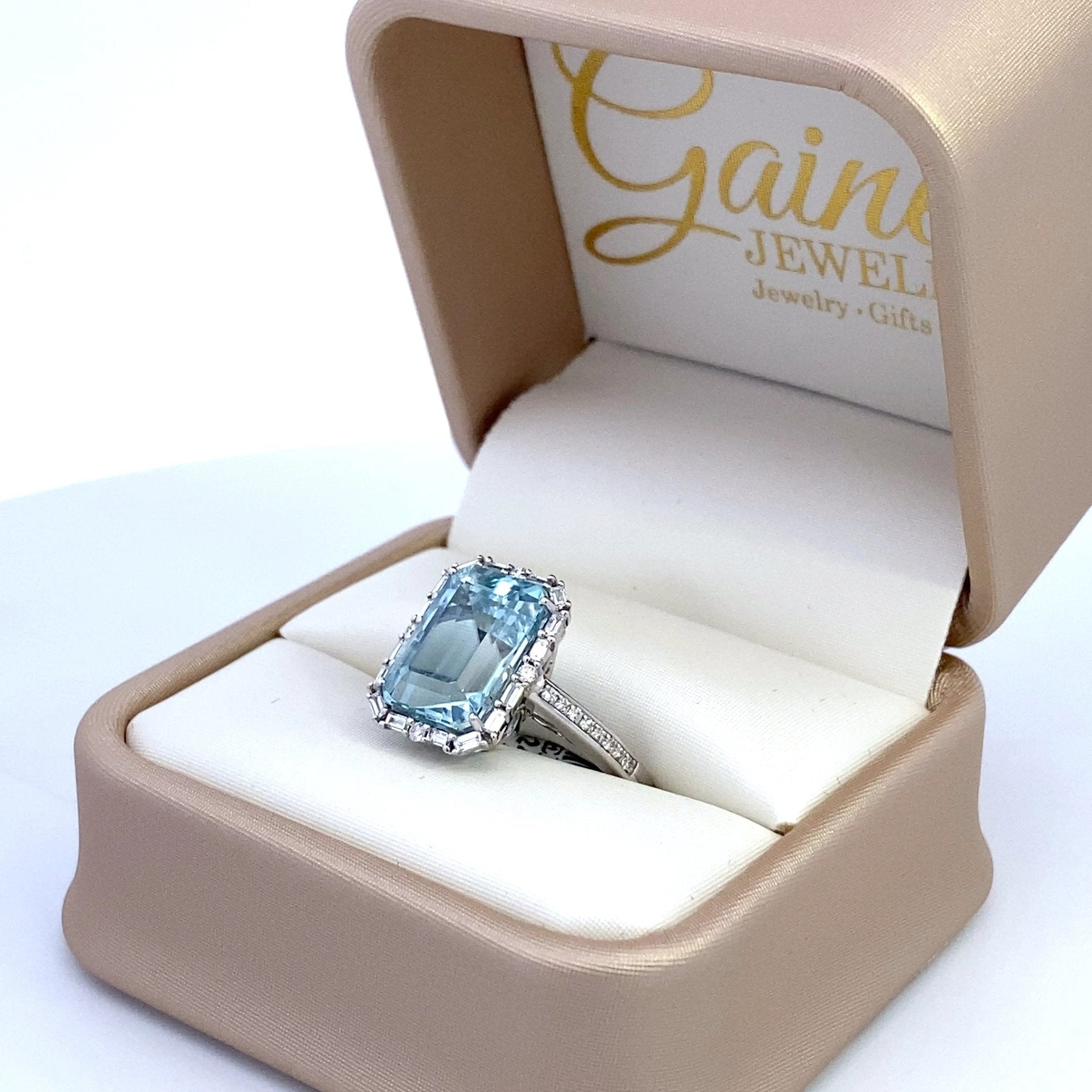 ****Aquamarine ring with diamond halo & shank 18kt white gold by Yael - Gaines Jewelers