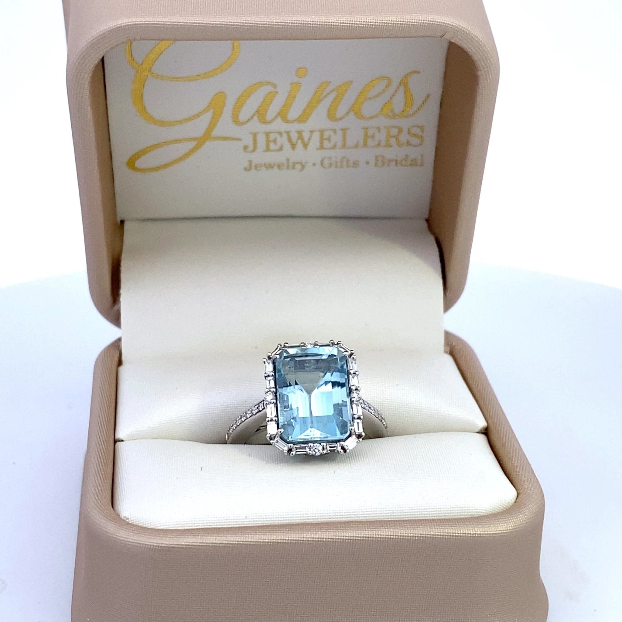 ****Aquamarine ring with diamond halo & shank 18kt white gold by Yael - Gaines Jewelers