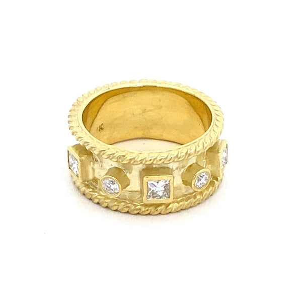 Band style ring with square & round diamonds, rope edge 14kt yellow gold by Raymond Mazza - Gaines Jewelers