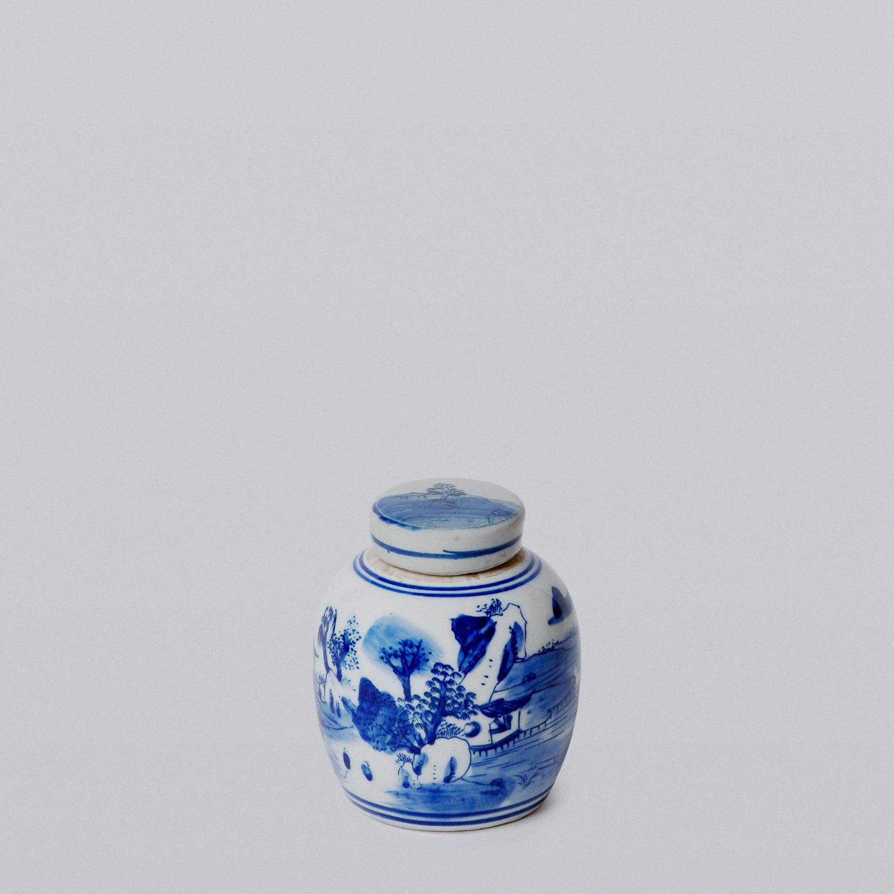 Blue and White Porcelain Mini Landscape Round Storage Jar - Cobalt Guild - Gaines Jewelers