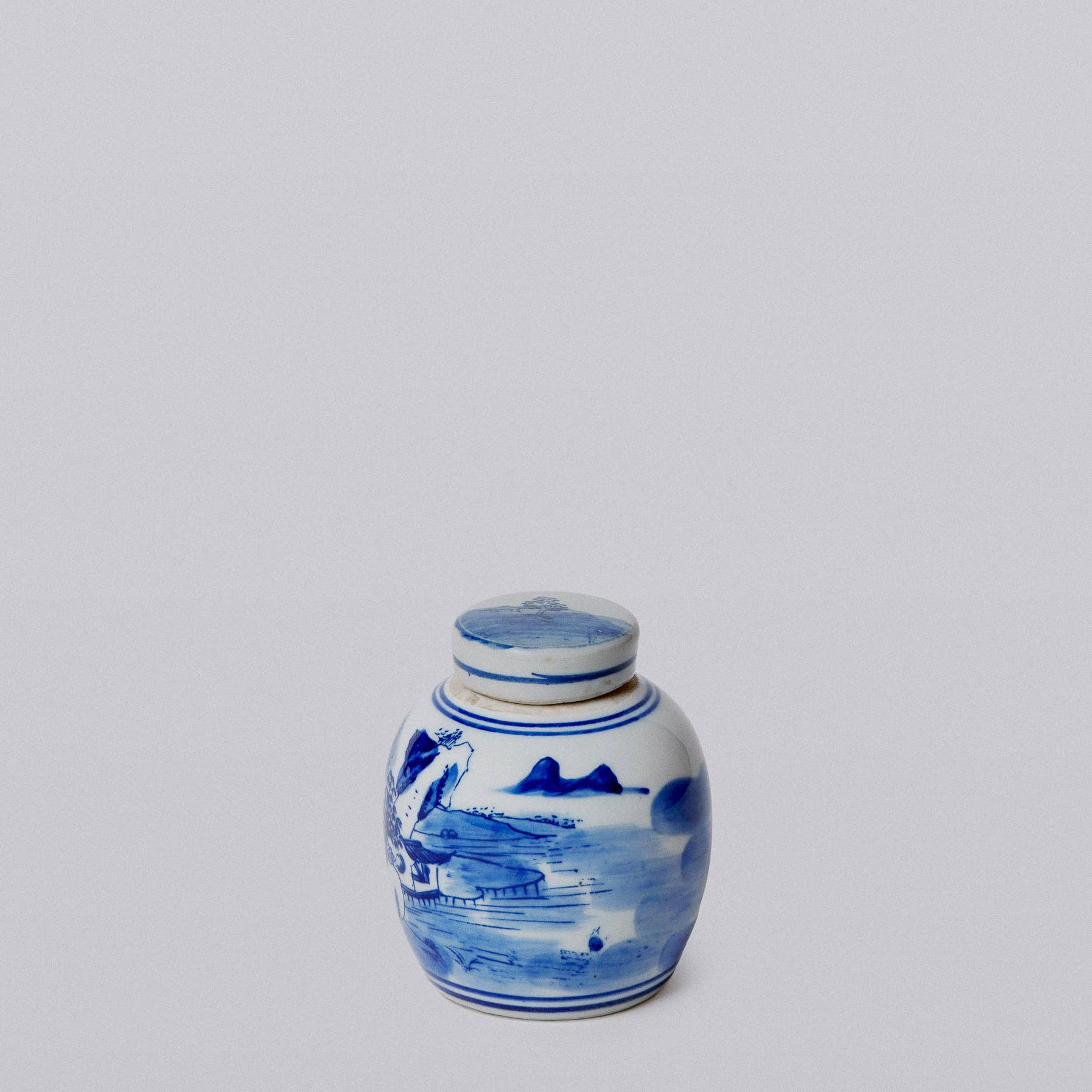Blue and White Porcelain Mini Landscape Round Storage Jar - Cobalt Guild - Gaines Jewelers