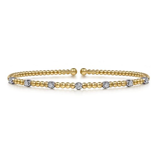 Bracelet - 14k yellow gold bead cuff 7 diamond stations on top by Gabriel & Co. - Gaines Jewelers