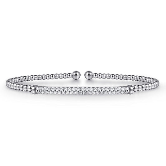 Bracelet - 14kt white gold bead cuff pave' diamond bar on top - Gaines Jewelers