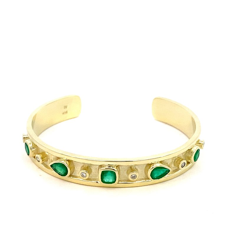 Bracelet bangle cuff style set with emeralds and diamonds 14kt yellow gold - Gaines Jewelers