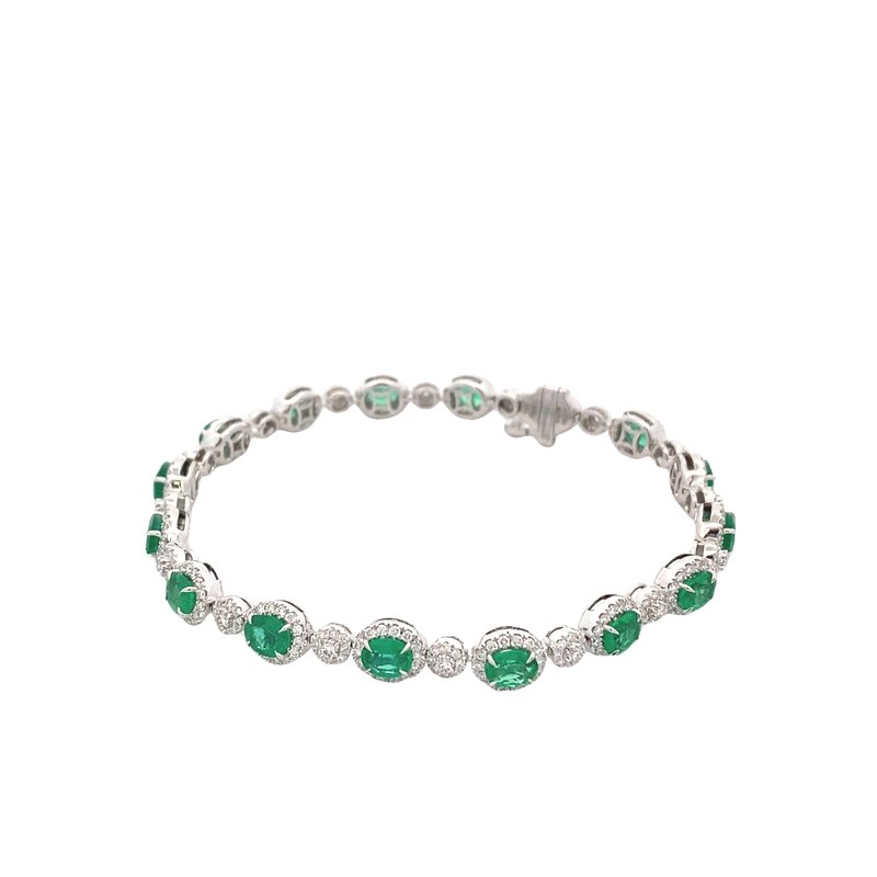 Bracelet - emerald straight line style with diamond halos 18kt white gold - Gaines Jewelers