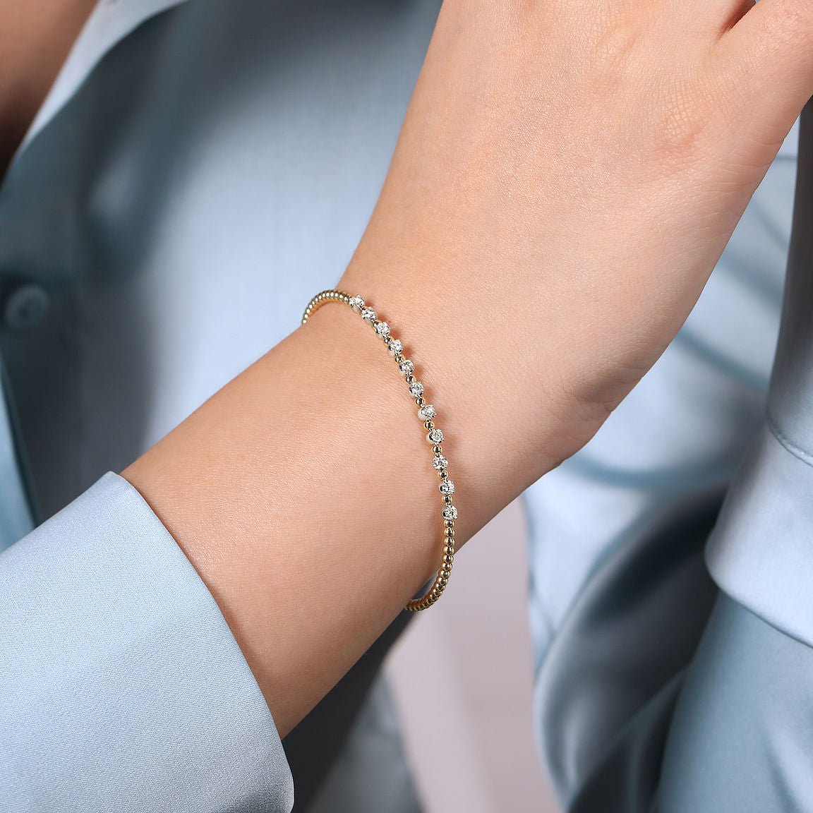 Bracelet flex cuff bangle with 11 diamonds on top 2 - tone karat gold - Gaines Jewelers