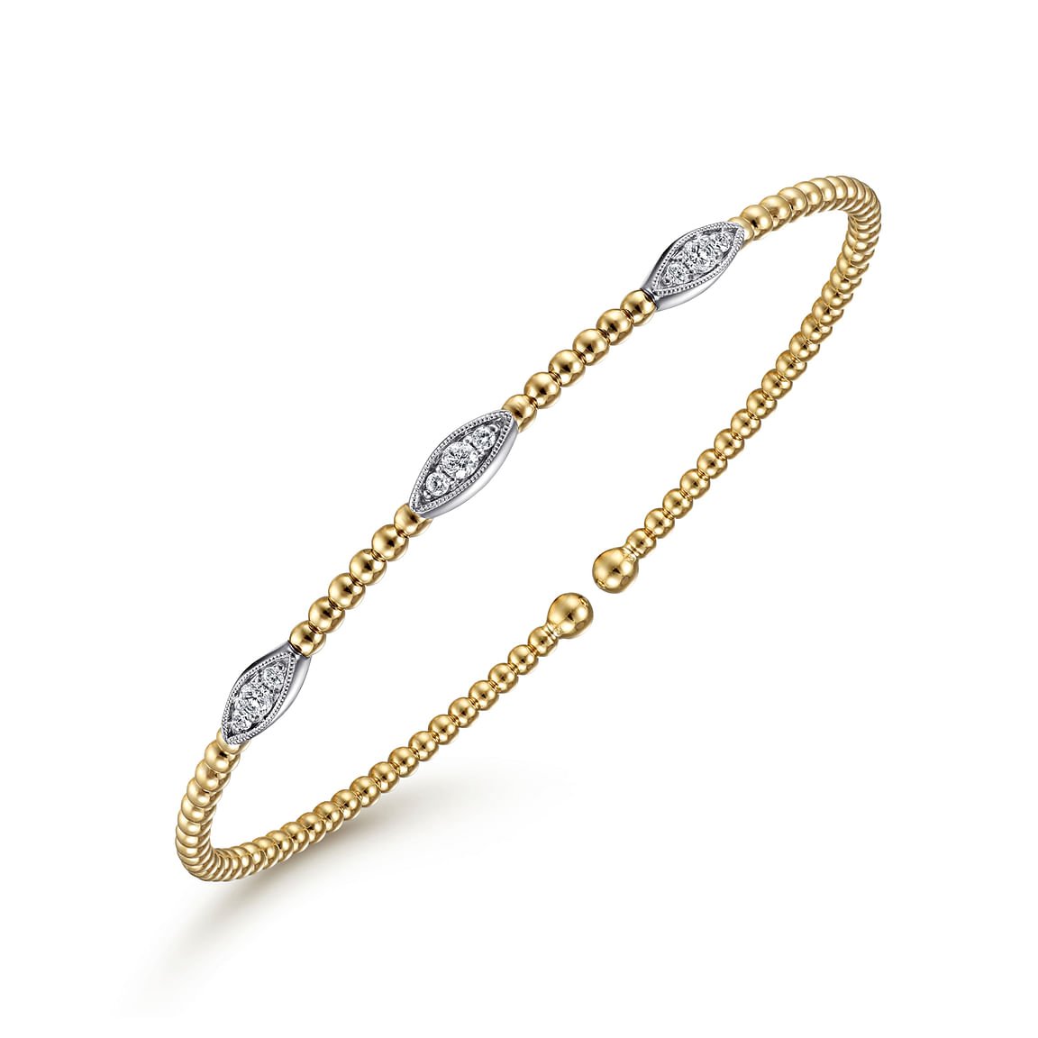 Bracelet flex cuff bangle with 3 diamond marquise shapes on top 2 - tone karat gold - Gaines Jewelers