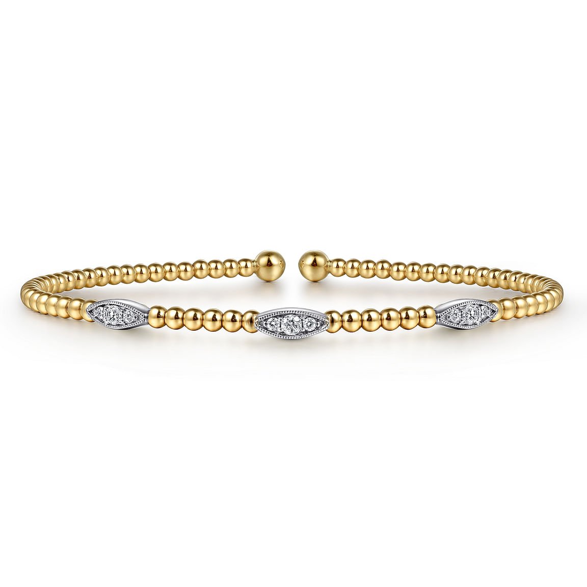 Bracelet flex cuff bangle with 3 diamond marquise shapes on top 2 - tone karat gold - Gaines Jewelers