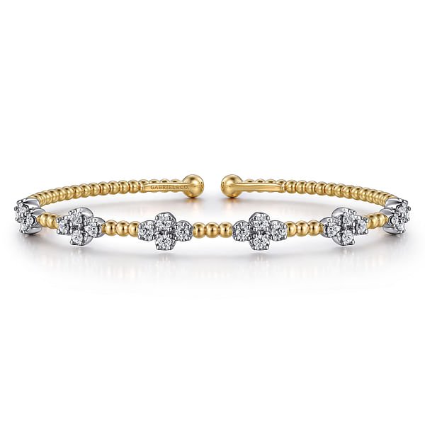 Bracelet flex cuff bangle with 6 diamond crosses on top 2 - tone karat gold by Gabriel - Gaines Jewelers