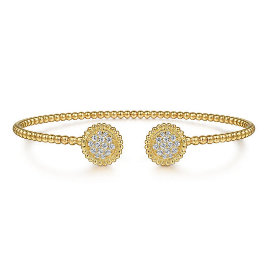 Bracelet flex cuff bangle with diamond clusters at split top 14kt yellow gold by Gabriel - Gaines Jewelers