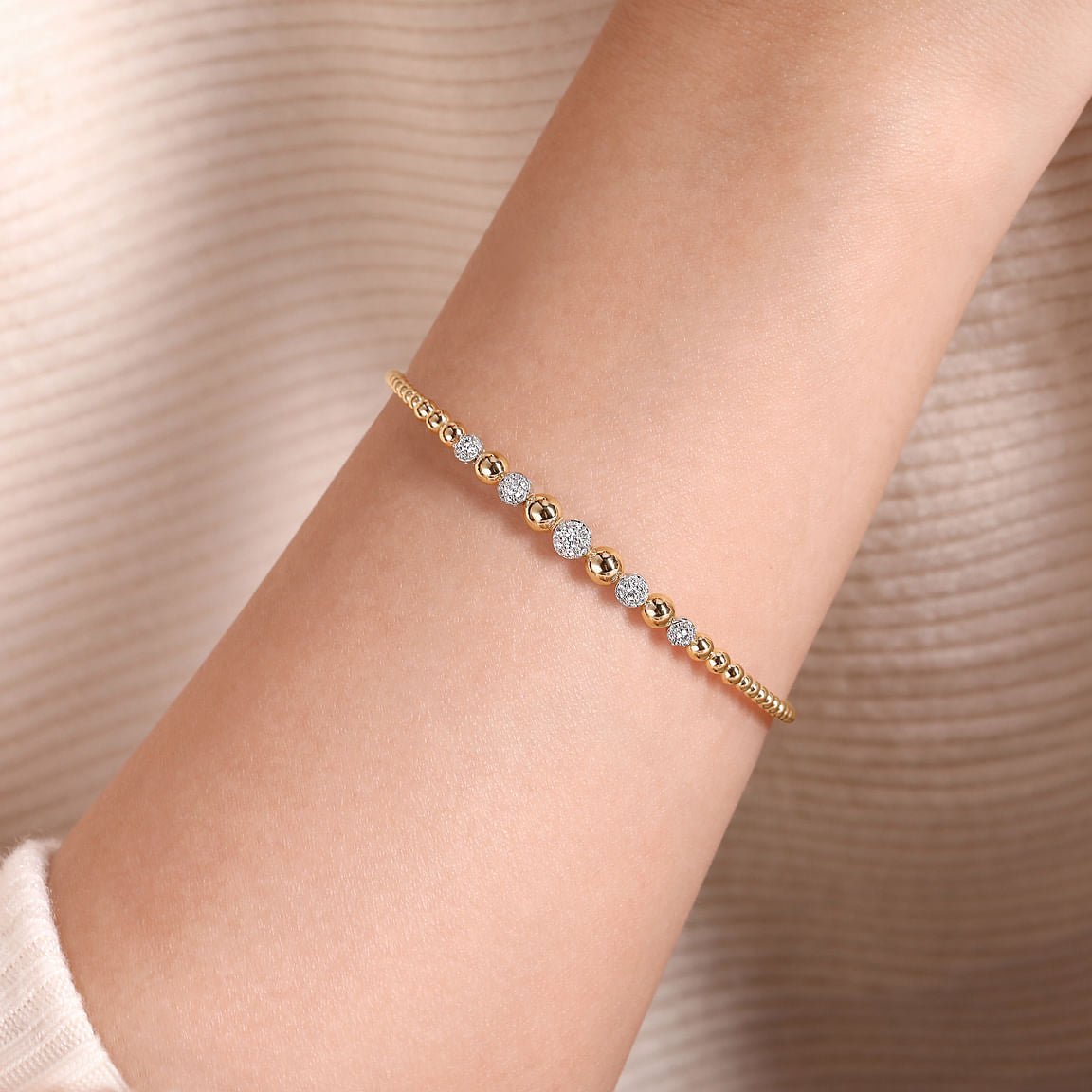 Bracelet flex cuff bangle with graduated diamond balls and beads 2 - tone karat gold - Gaines Jewelers