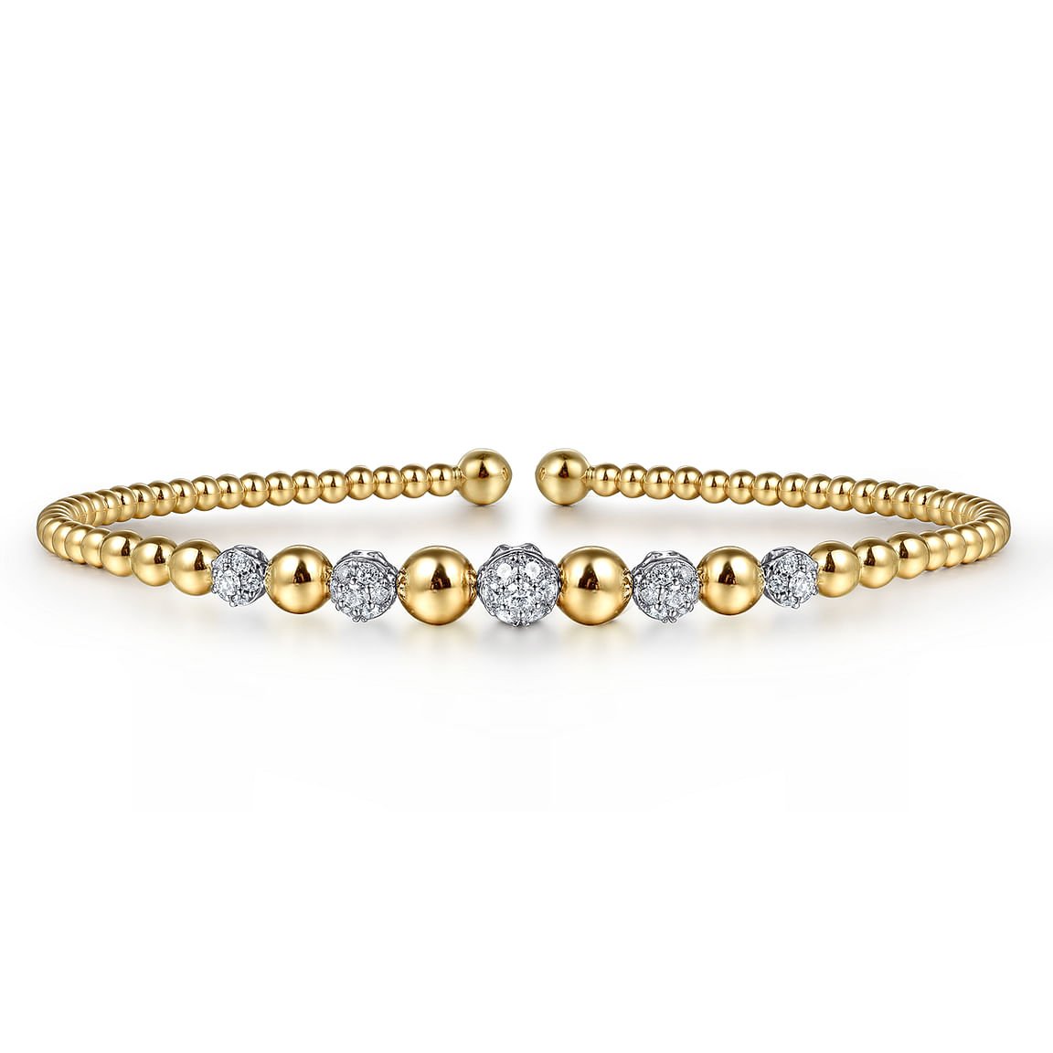 Bracelet flex cuff bangle with graduated diamond balls and beads 2 - tone karat gold - Gaines Jewelers