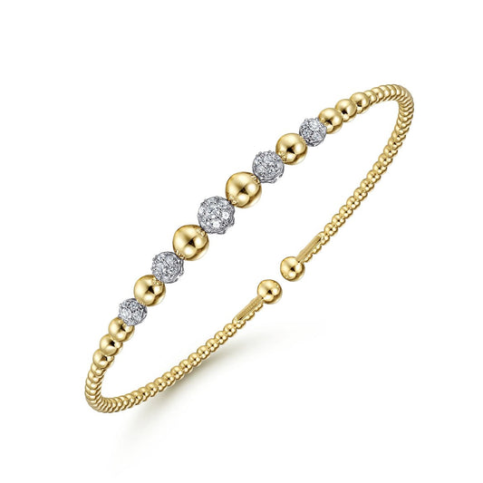 Bracelet flex cuff bangle with graduated diamond balls and beads 2 - tone karat gold - Gaines Jewelers