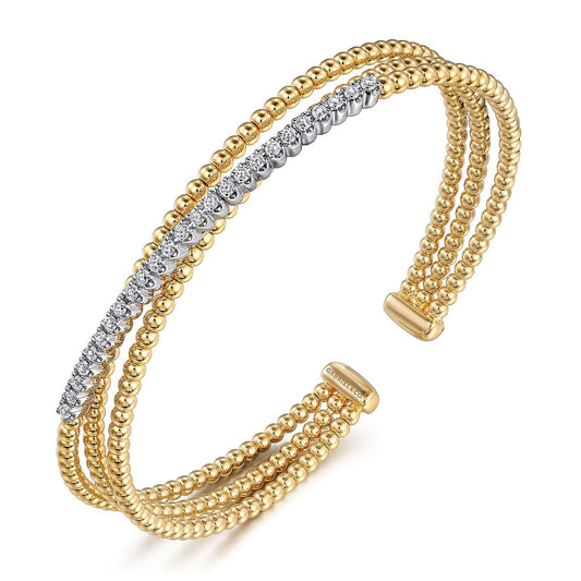 Bracelet flex cuff with 3 overlapping rows & 1 has diamonds 2 - tone karat gold - Gaines Jewelers