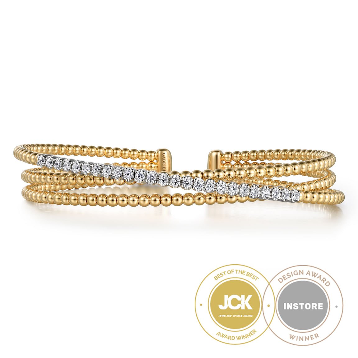 Bracelet flex cuff with 3 overlapping rows & 1 has diamonds 2 - tone karat gold - Gaines Jewelers