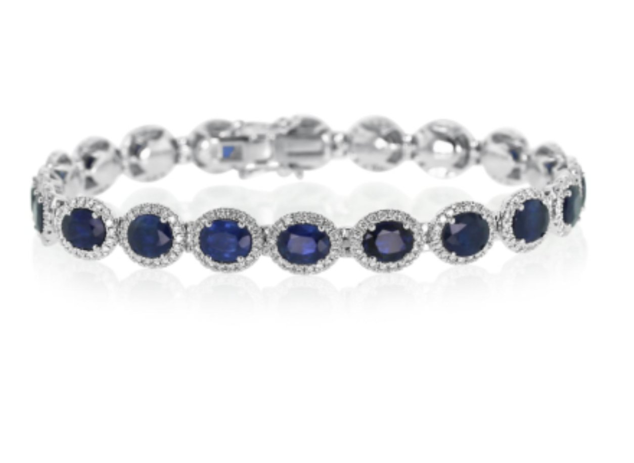 Bracelet - sapphire straight line with diamond halos 18kt white gold - Gaines Jewelers