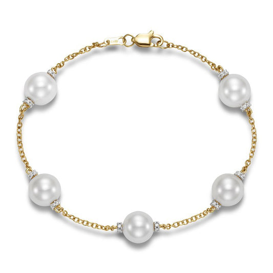 Bracelet with 5 pearl stations accented with diamonds 18kt yellow gold - Gaines Jewelers