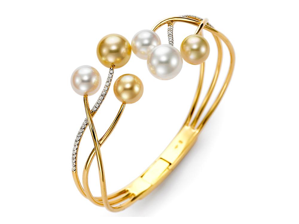 Bracelet with multi color pearl & diamond spray; cuff 18kt yellow gold by Mastoloni - Gaines Jewelers