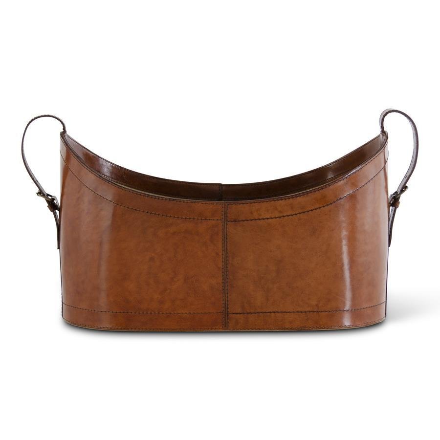 Brown Leather Oval Basket with Adjustable Handles - K&K Interiors - Gaines Jewelers