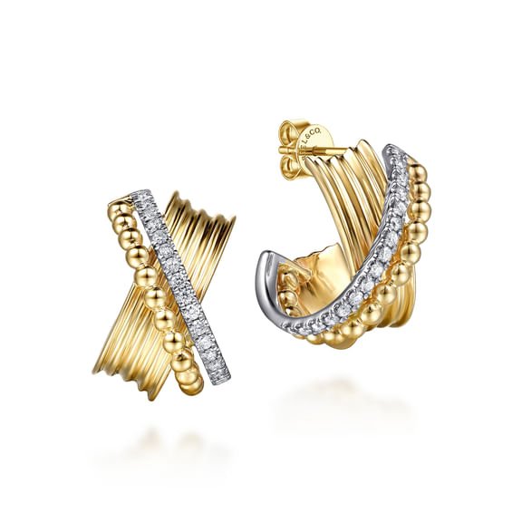 Bujukan Bold - 14K White Yellow Gold Bujukan and Diamond Criss Cross J Hoop Earrings - Gabriel & Co. - Gaines Jewelers