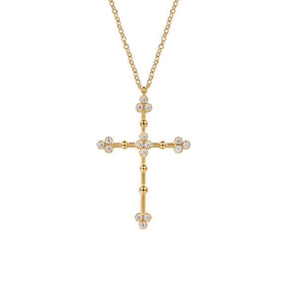 Bujukan Clover - 14K Yellow Gold Bujukan and Diamond Clover Cross Pendant Necklace - Gabriel & Co. - Gaines Jewelers
