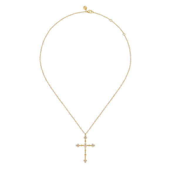 Bujukan Clover - 14K Yellow Gold Bujukan and Diamond Clover Cross Pendant Necklace - Gabriel & Co. - Gaines Jewelers