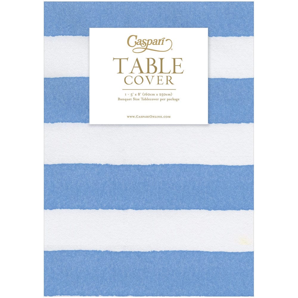 Cafe Stripe Blue Printed Paper Linen Table Cover 5.2' x 8.2' - Caspari - Gaines Jewelers