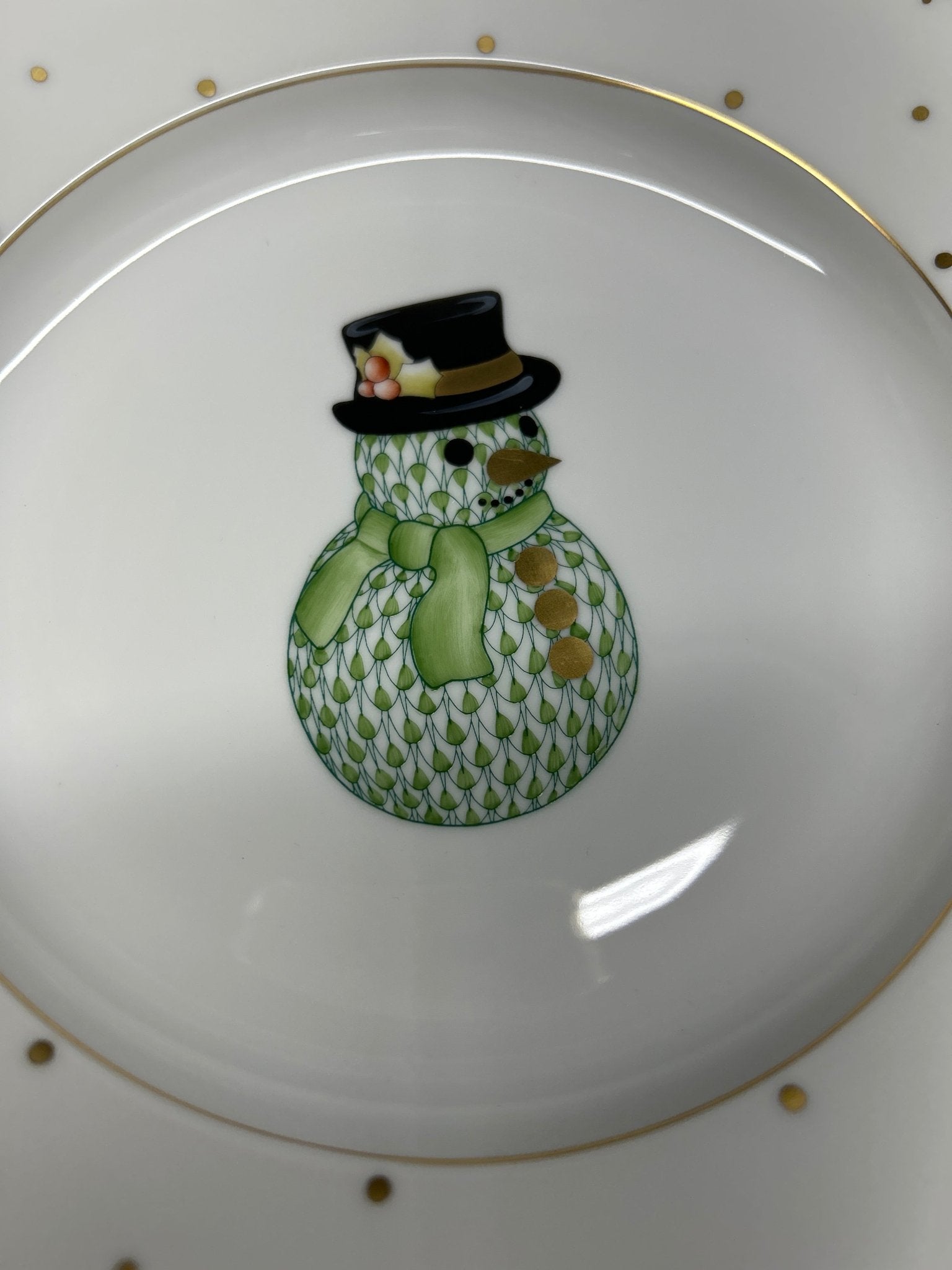 Christmas Dessert Plate Forest Green - Snowman - Herend - Gaines Jewelers