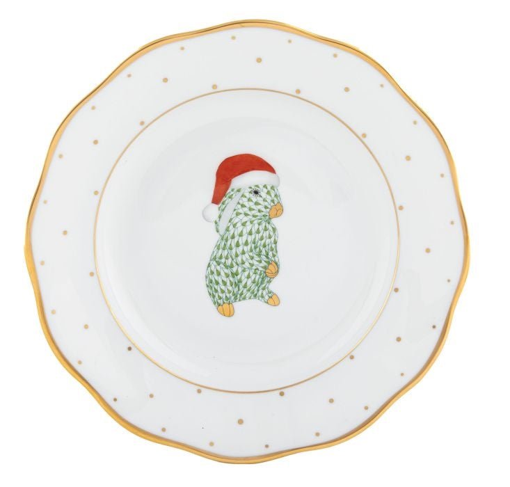Christmas Santa Bunny Dessert Plate - Forest Green - Herend - Gaines Jewelers