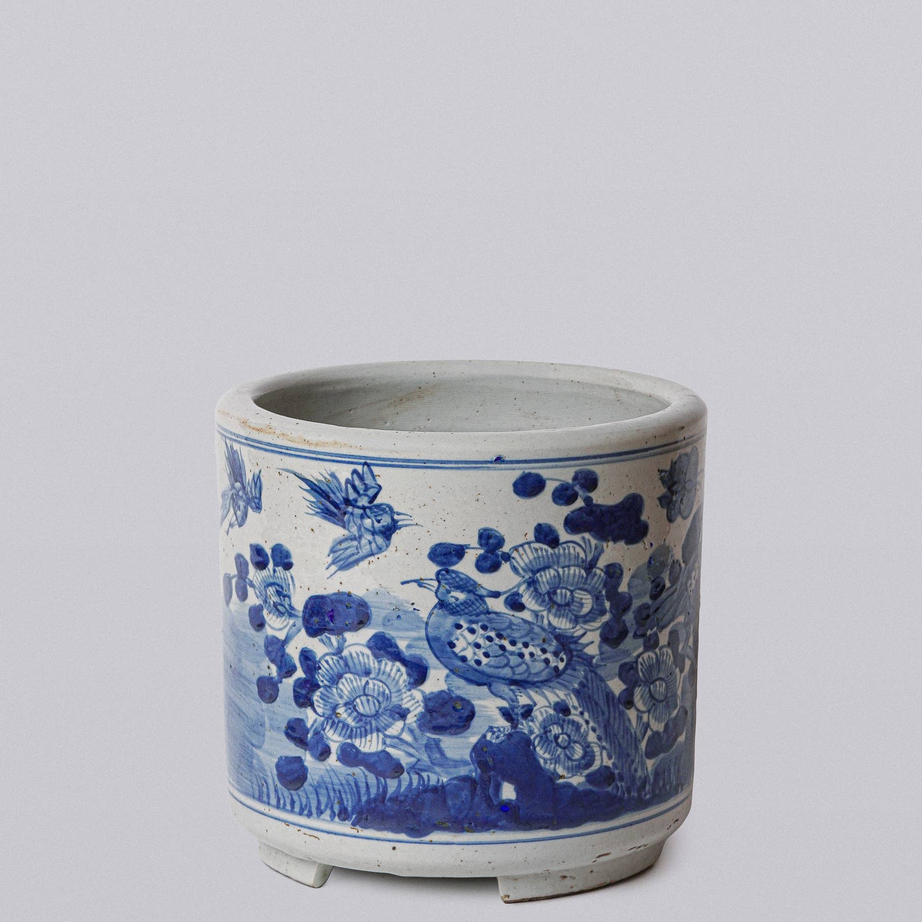 Cobalt Guild - Blue and White Porcelain Bird and Flower Footed Cachepot  - Gaines Jewelers