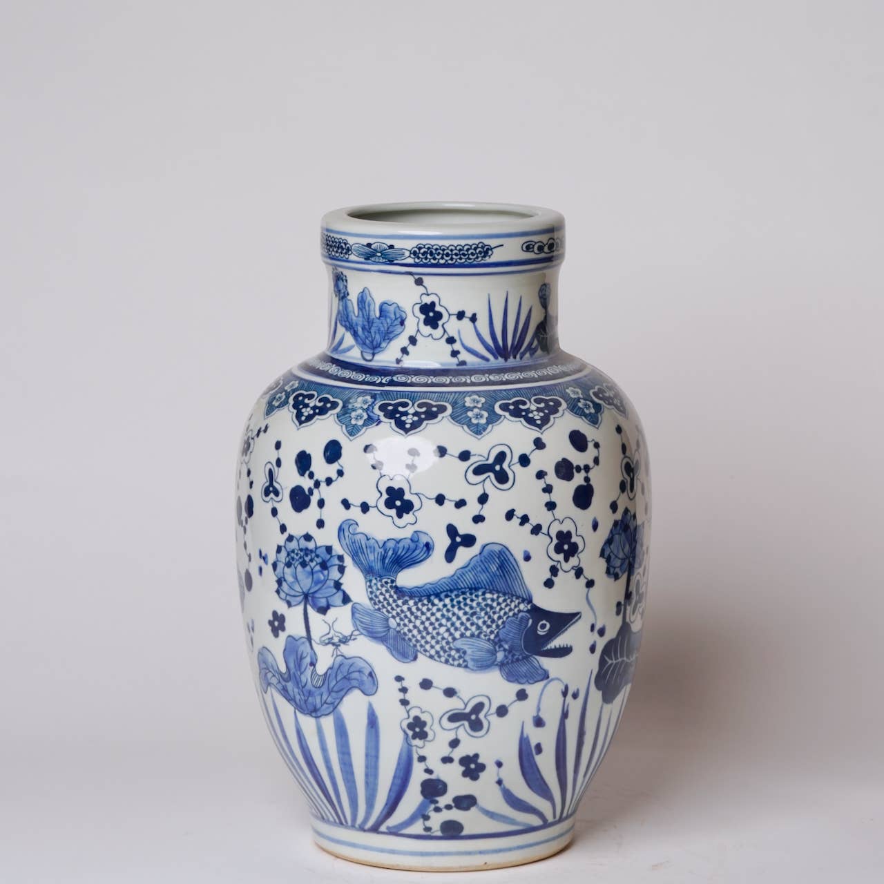 Cobalt Guild - Blue and White Porcelain Fish and Lotus Mallet Vase - Gaines Jewelers
