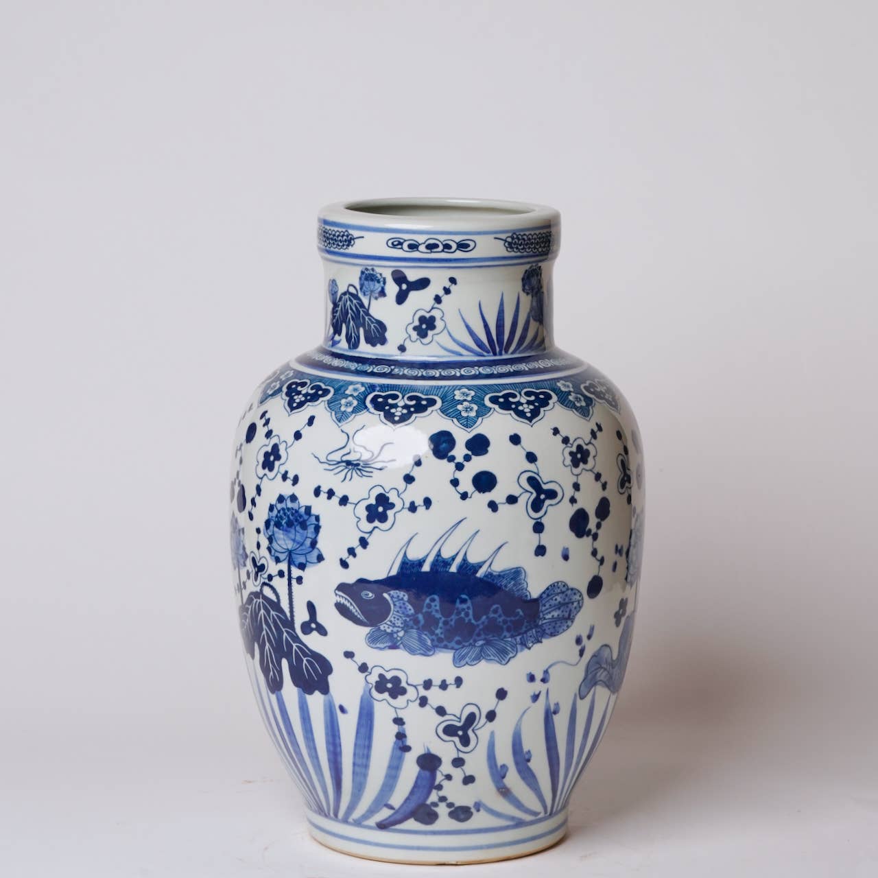 Cobalt Guild - Blue and White Porcelain Fish and Lotus Mallet Vase - Gaines Jewelers