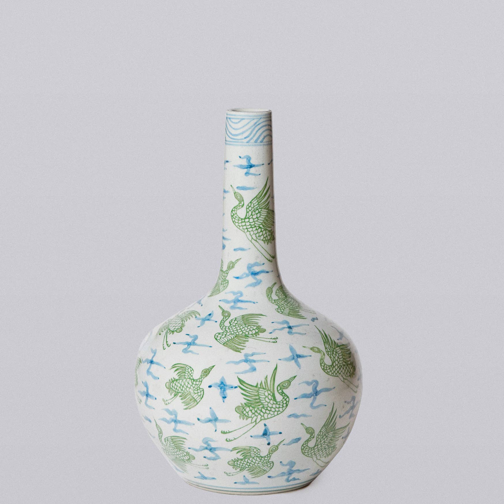 Cobalt Guild - Green and Blue Porcelain Cranes and Clouds Globe Vase - Gaines Jewelers