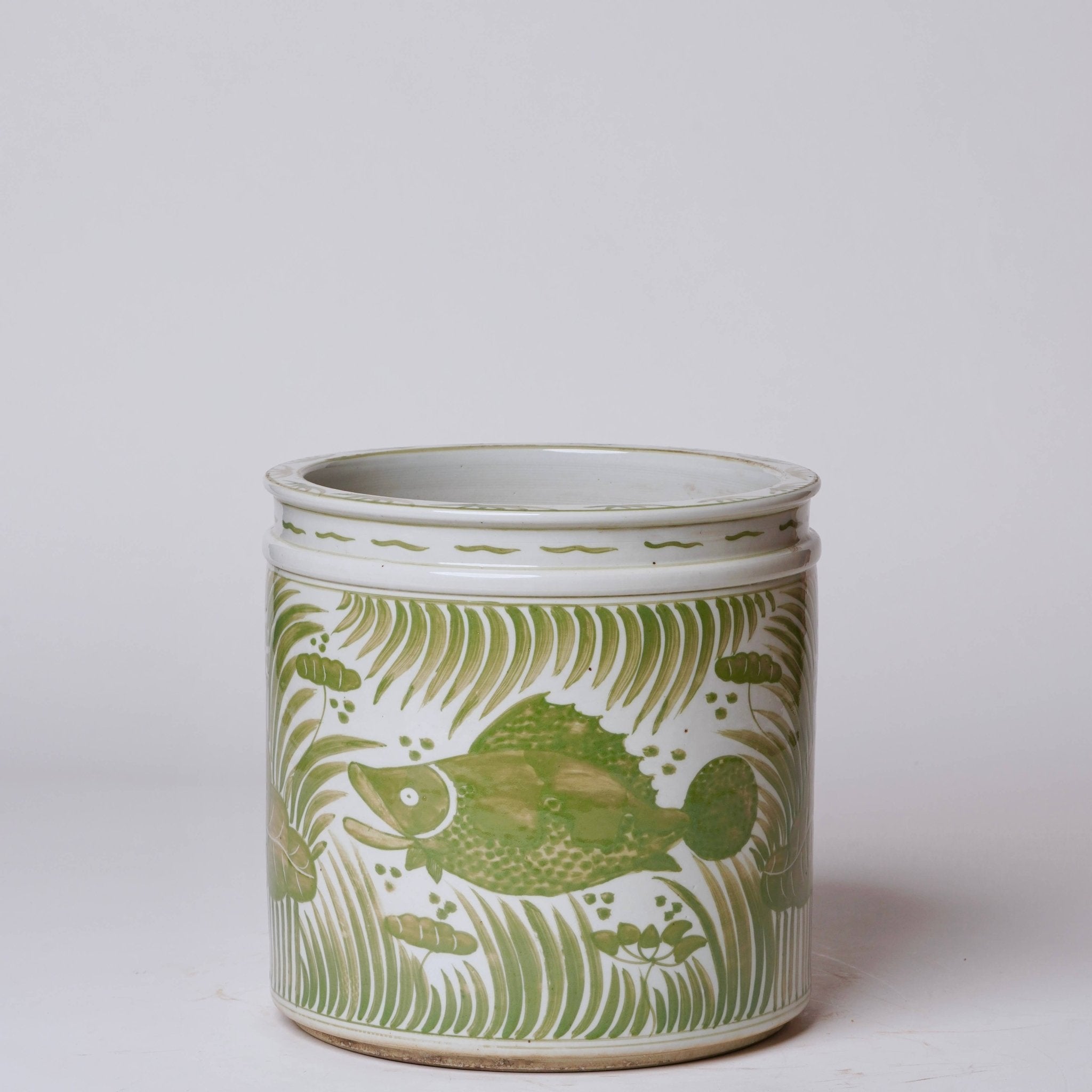 Cobalt Guild - Green and White Porcelain Fish and Lotus Cachepot - Gaines Jewelers